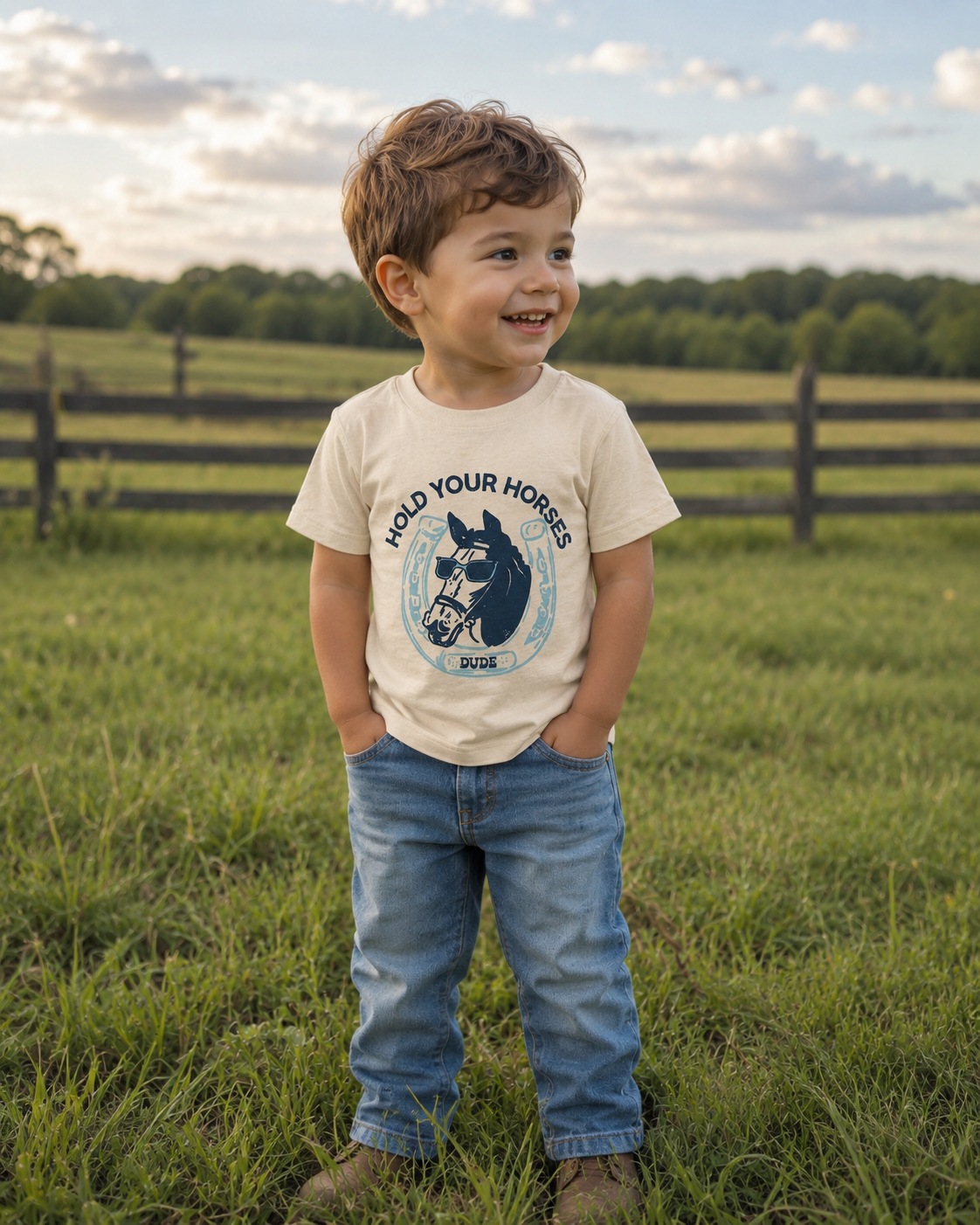 Child wearing a t-shirt with a graphic design in a grassy field