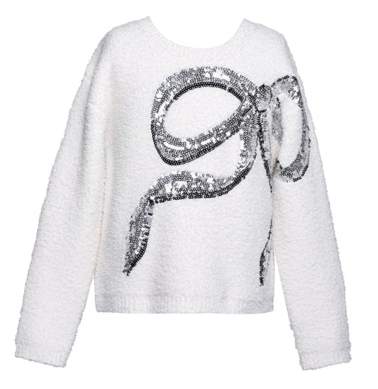 Plush Cream Sweater with Sequin Bow