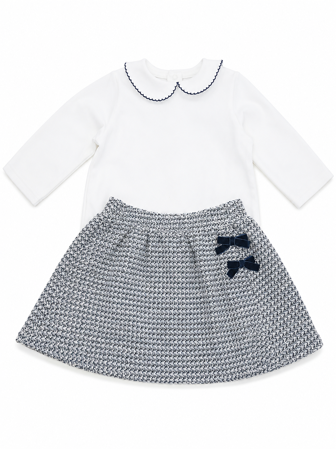 White Bodysuit w/ Navy Tweed Skirt
