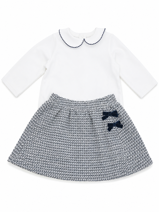 White Bodysuit w/ Navy Tweed Skirt