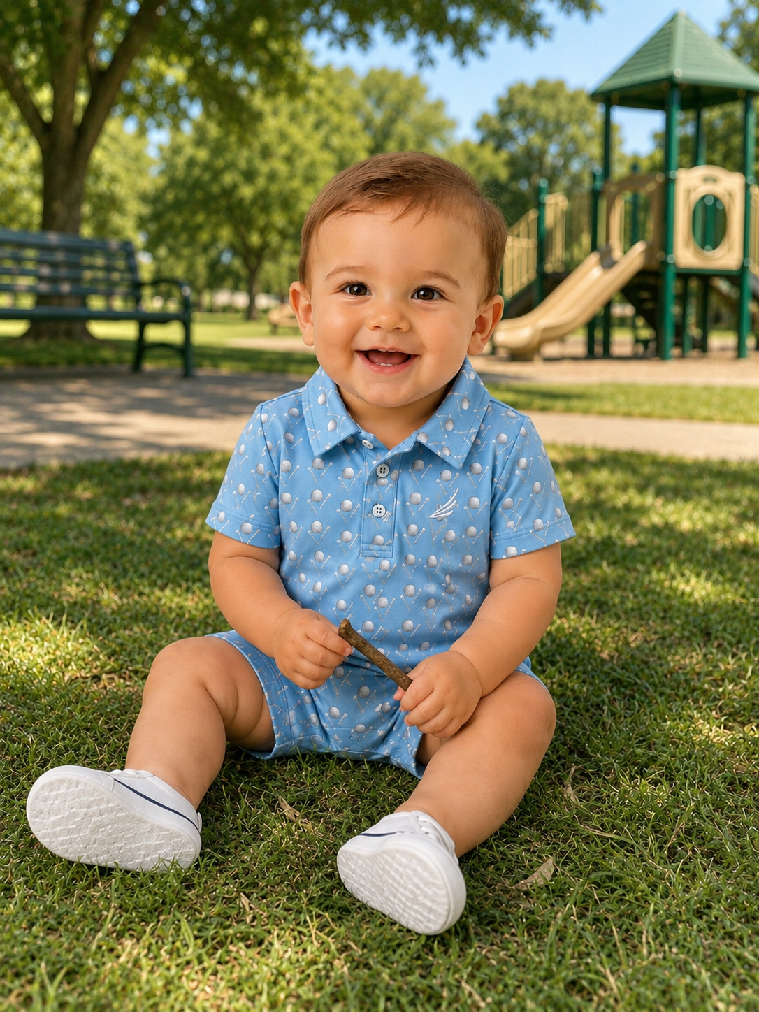 Light Blue Polo Romper with Golf Ball Tee