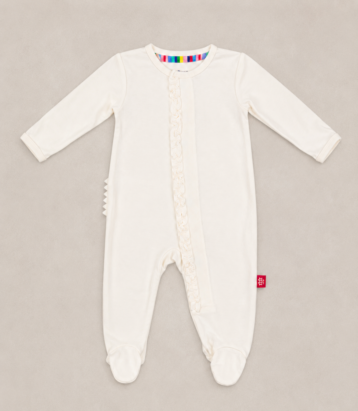 cream baby girl ruffle footie sleeper with magnetic closure 