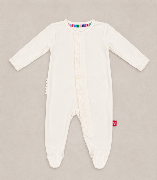 cream baby girl ruffle footie sleeper with magnetic closure 