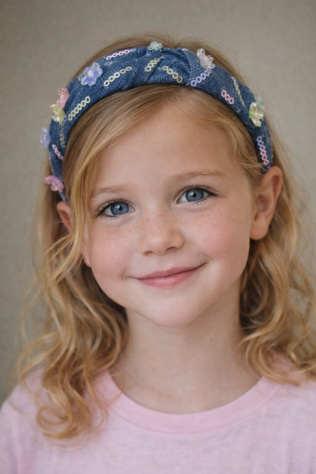Sequin Denim Knot Headband with Flower Charms