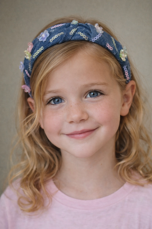 Sequin Denim Knot Headband with Flower Charms