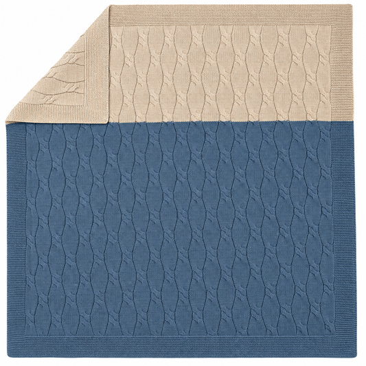 Beige and Slate Blue Knit Blanket