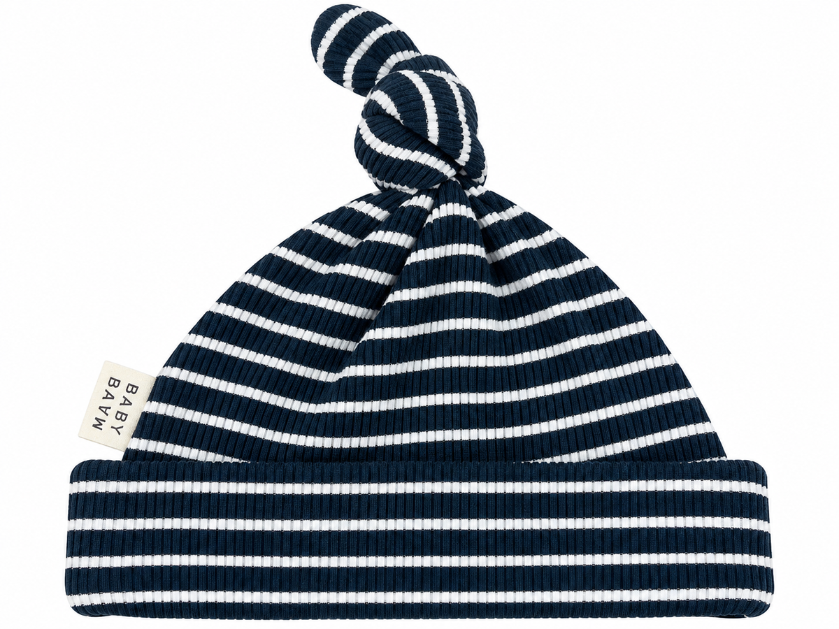 Navy Striped Ribbed Knot Hat