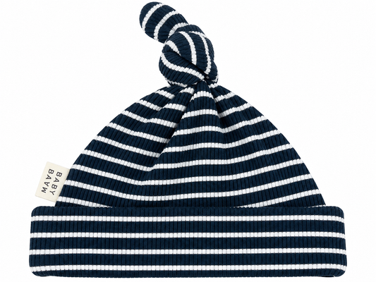 Navy Striped Ribbed Knot Hat