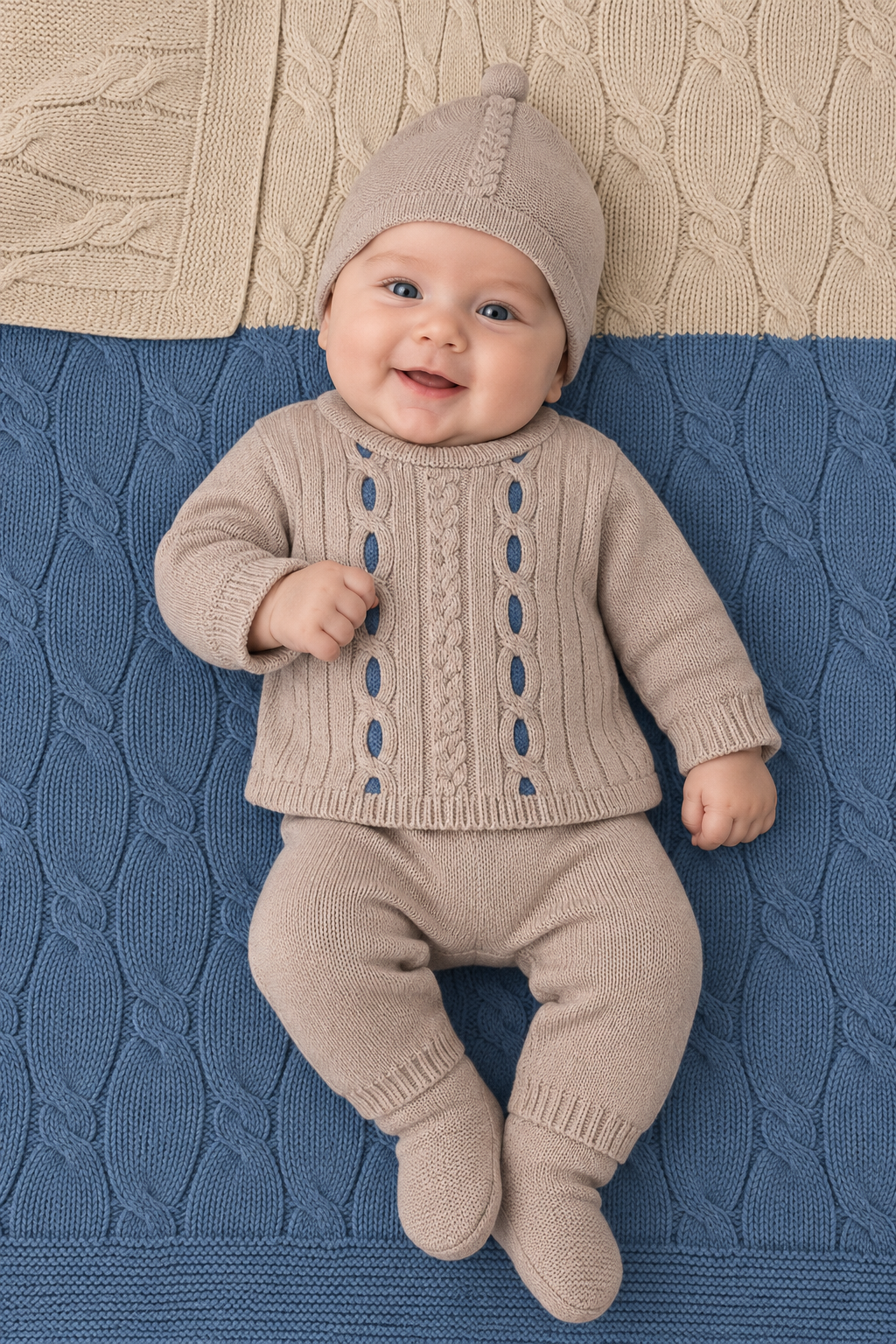 Beige and Slate Blue Knit Blanket
