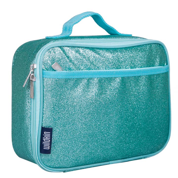A teal glitter lunch bag with a top handle, a front zippered pocket, and a visible 'within' brand tag, shown on a plain white background.