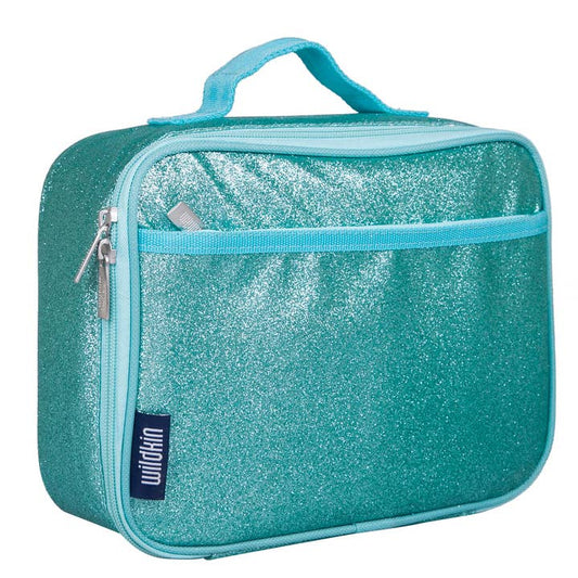A teal glitter lunch bag with a top handle, a front zippered pocket, and a visible 'within' brand tag, shown on a plain white background.
