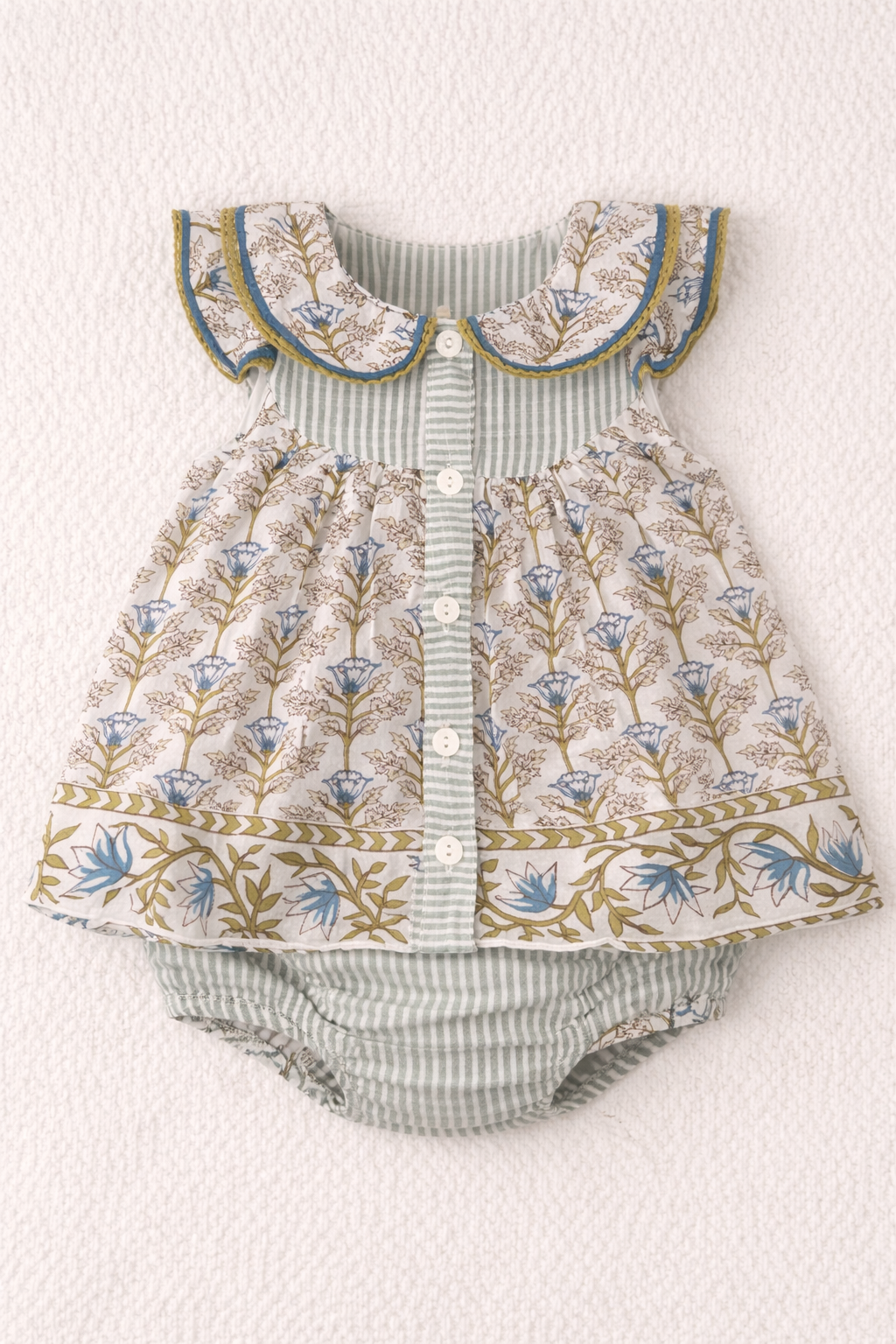 Slate Blue Green Floral Dress and Bloomers