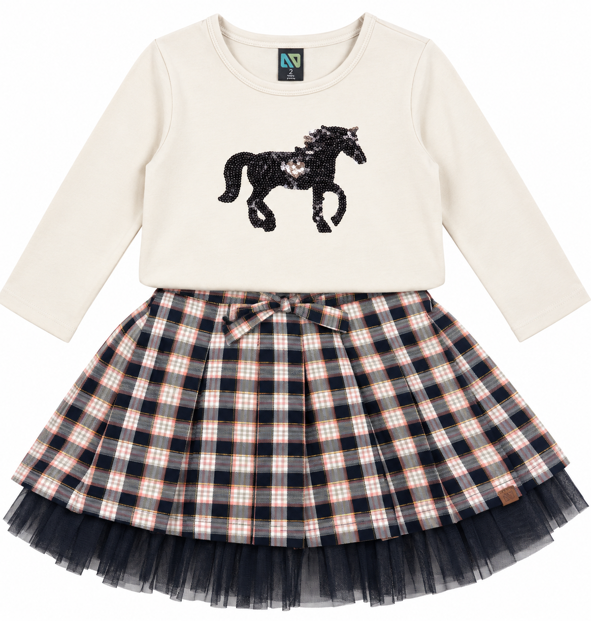 Sequin Horse Top with Plaid Tulle Skirt