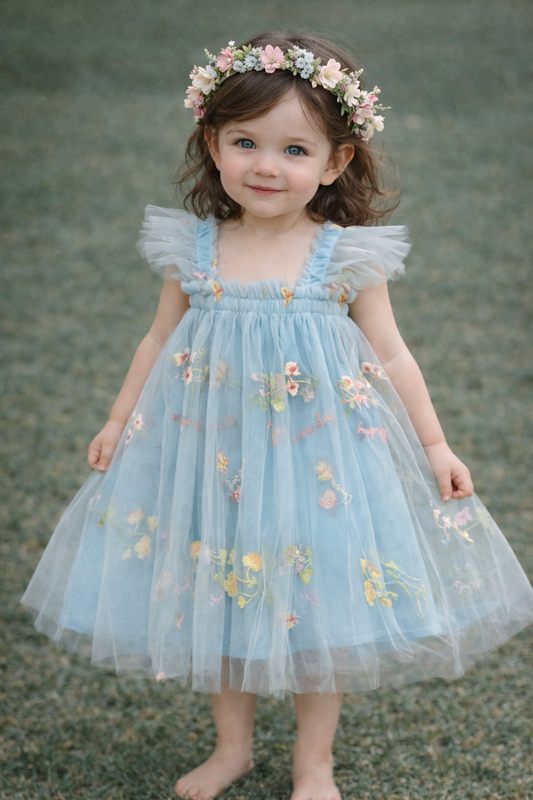 Blue Embroidery Tulle Dress