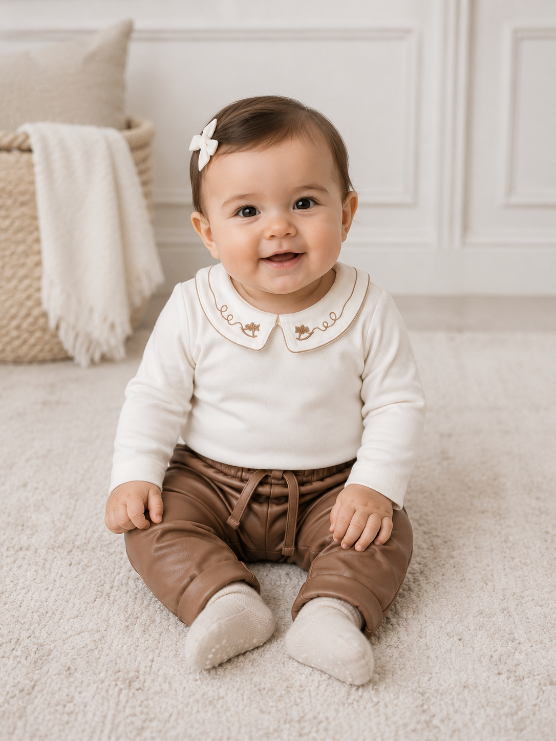 White Bodysuit w/ Brown Pleather Pants