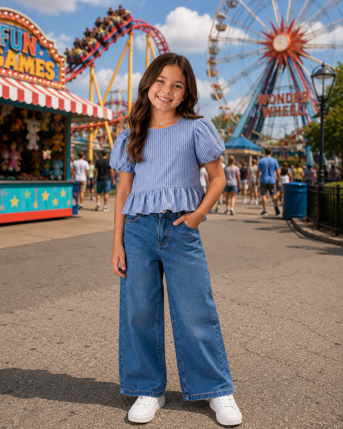 Young girl in a blue top and jeans standing in front of amusement park rides.