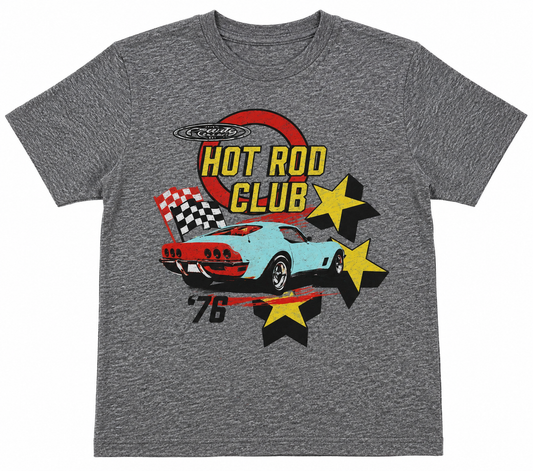 A heather gray short-sleeve t-shirt featuring a retro-style graphic of a light blue and red '76 Corvette with yellow stars and the text 'Hot Rod Club' and 'Corvette'.