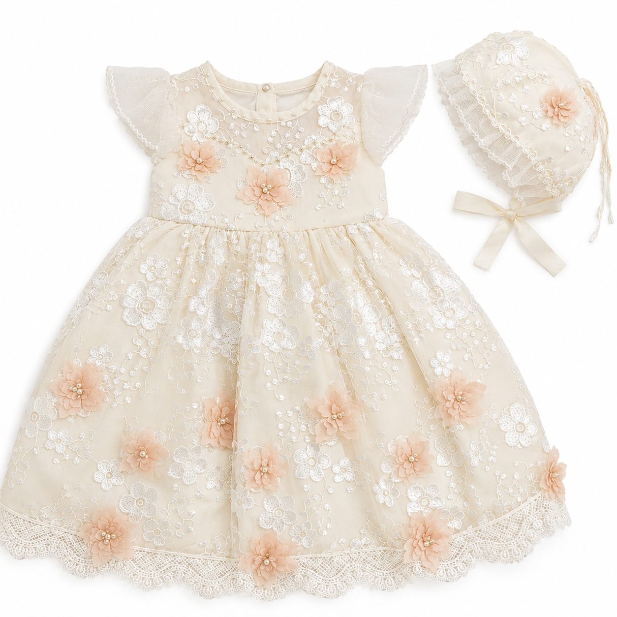 Elegant ivory lace gown featuring a luxurious polyester taffeta fabric overlay with delicate organza ruffle sleeves. Pearl and rhinestone embellishments