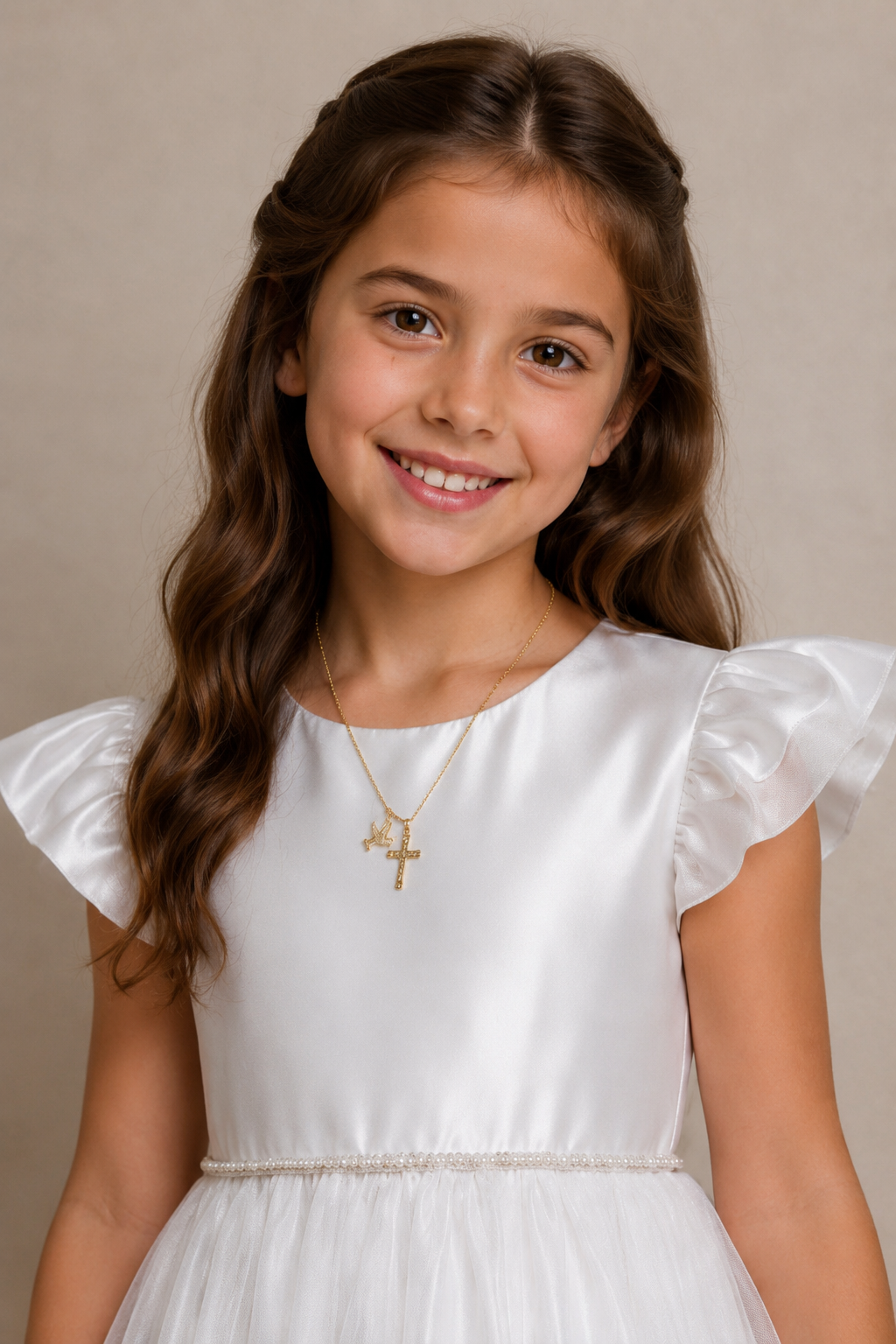 Young girl wearing a white dress with ruffled sleeves against a neutral background Showing off her beautiful gold necklace 