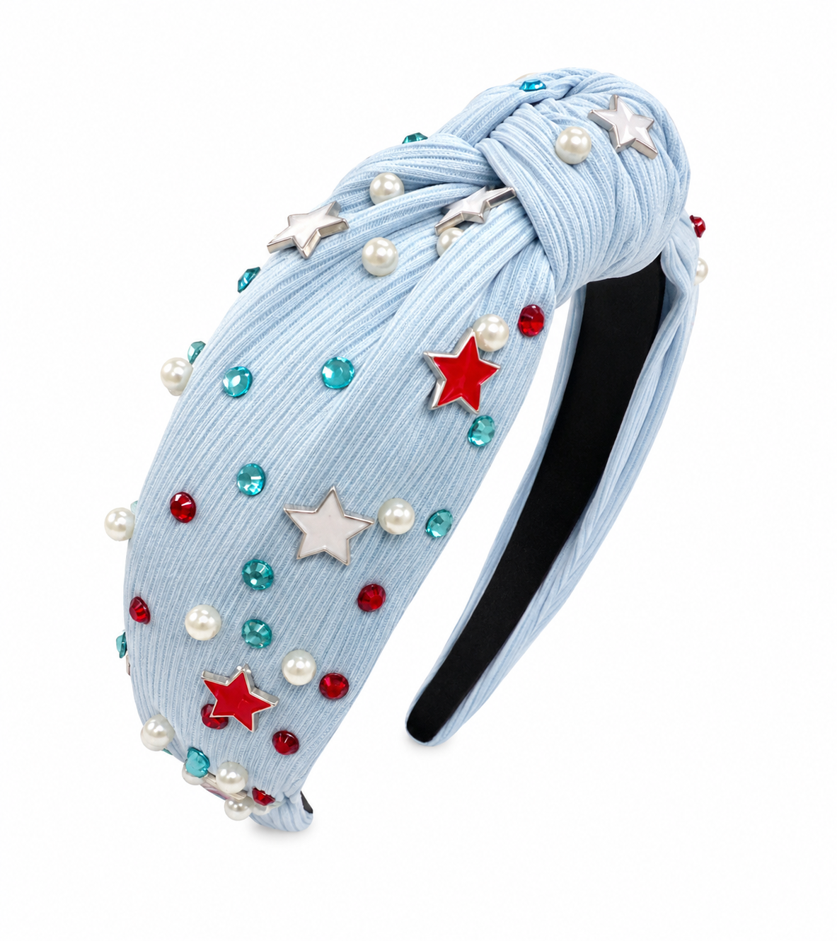 Light blue headband with star and gemstone embellishments on a white background