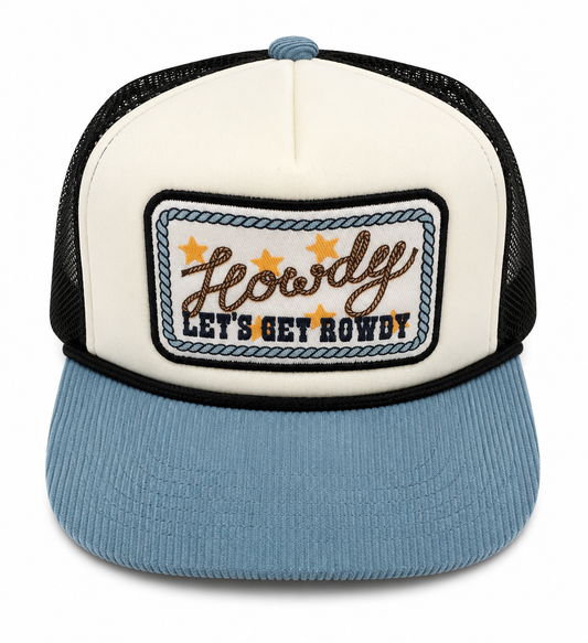 Trucker hat with 'Howdy Let's Get Rowdy' patch on a white background
