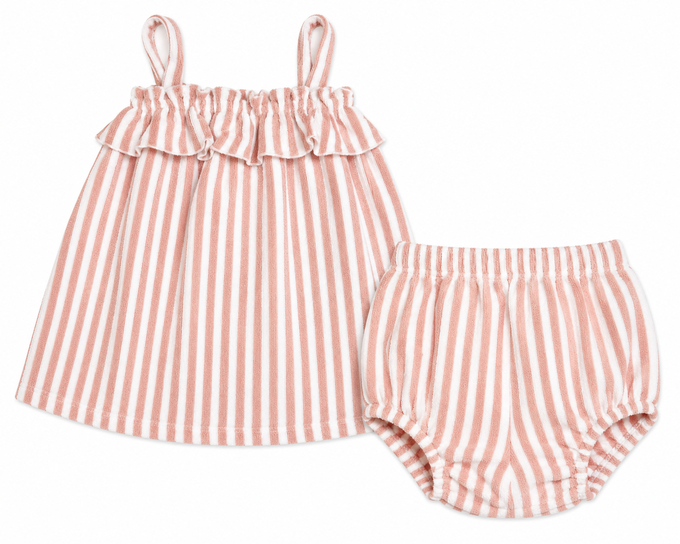 Light pink and white stripe baby girl set terry cloth organic cotton play, beach and pool side 