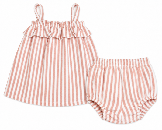 Light pink and white stripe baby girl set terry cloth organic cotton play, beach and pool side 