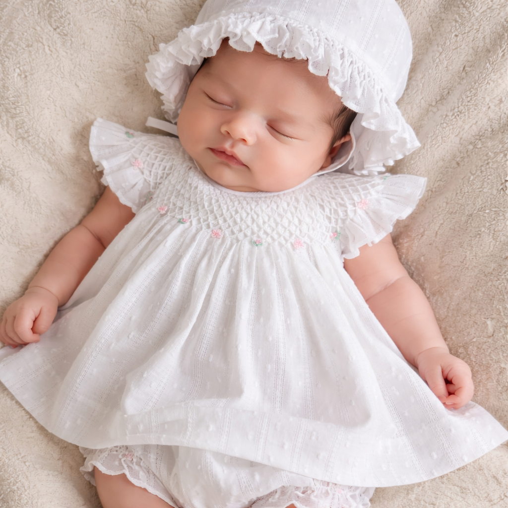 White Swiss Dot Smocked Dress with Bonnet