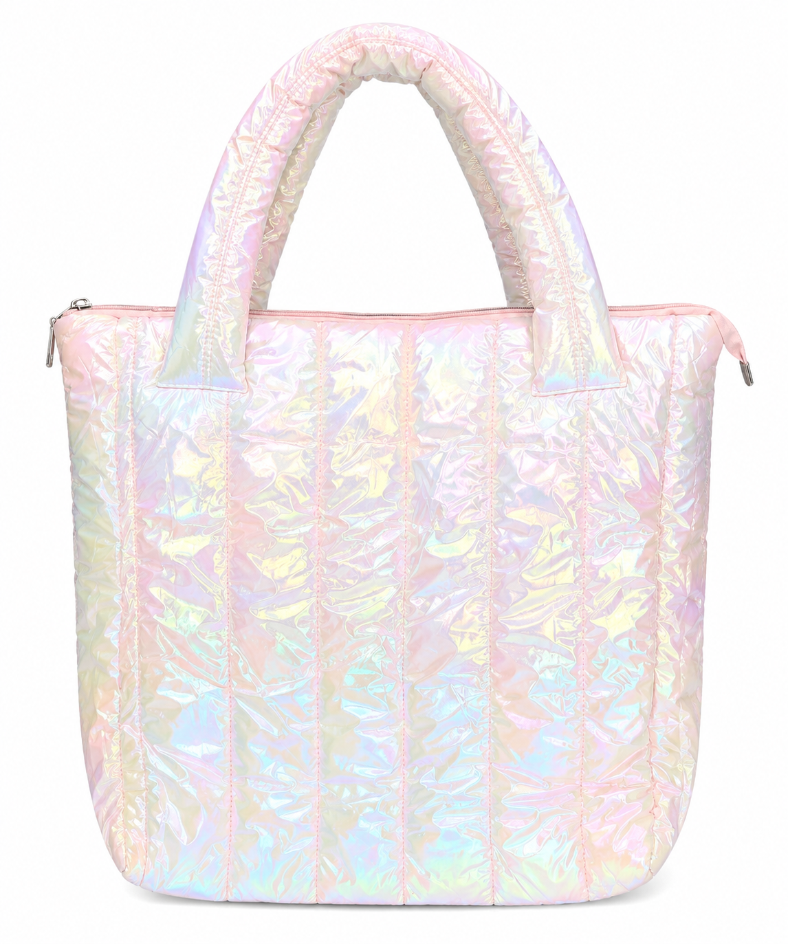 An iridescent holographic quilted handbag with dual top handles, shown against a plain white background.