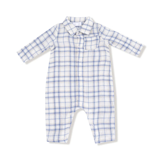 Blue Plaid Long Sleeve  Polo Romper
