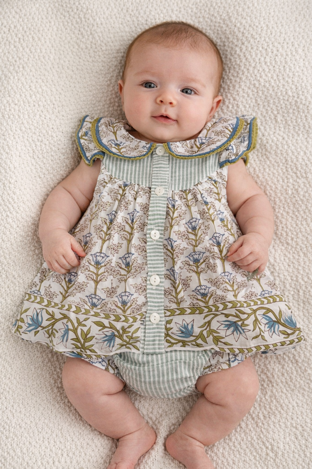 Slate Blue Green Floral Dress and Bloomers