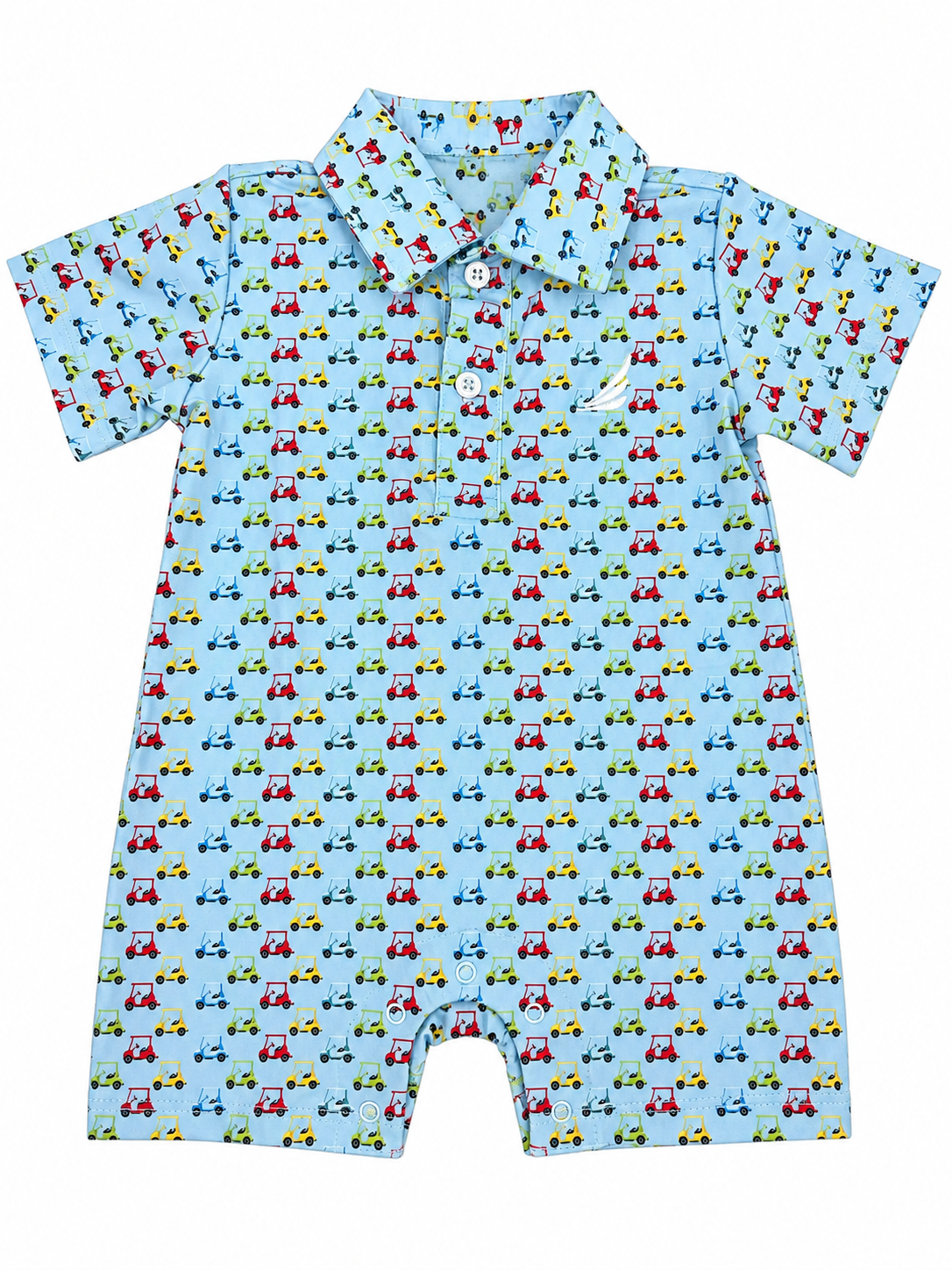 Children's romper with golf cart pattern on a light blue background made from performance fabric 