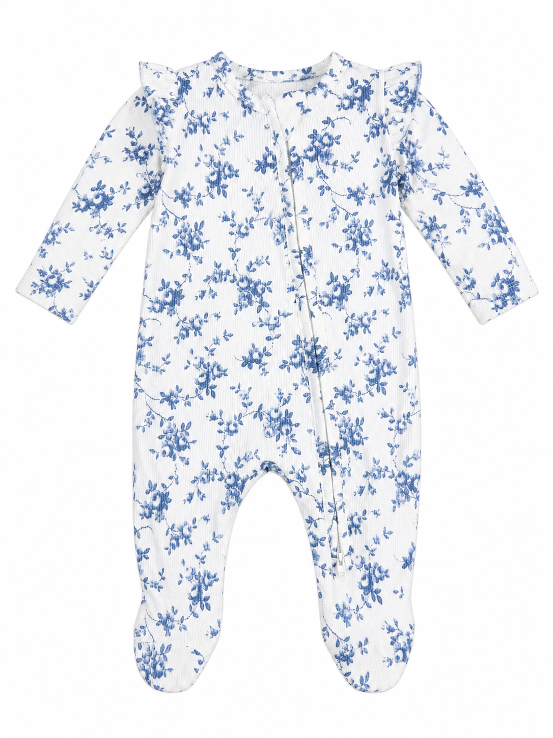 Baby Blue Vines Floral Ruffle Zipper Footie