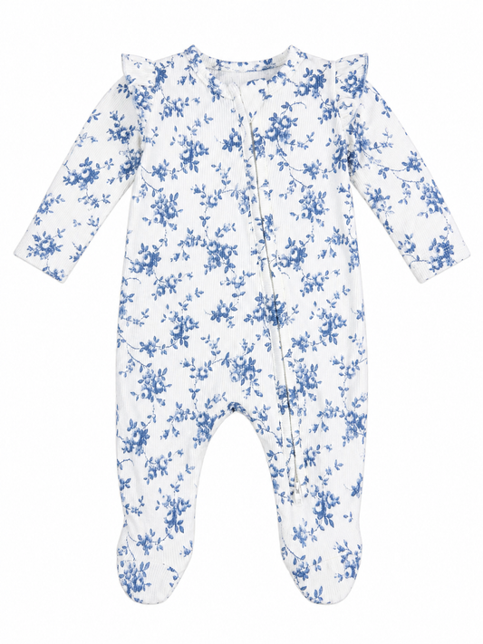 Baby Blue Vines Floral Ruffle Zipper Footie
