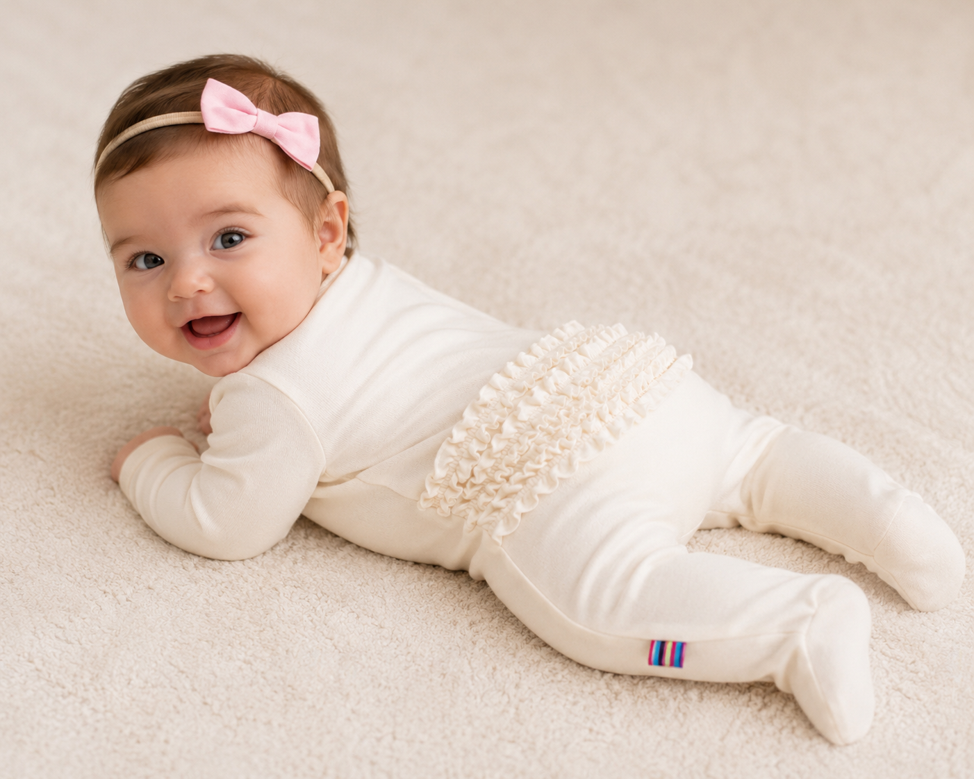 baby girl in cream the backside of sleeper magnetic footie