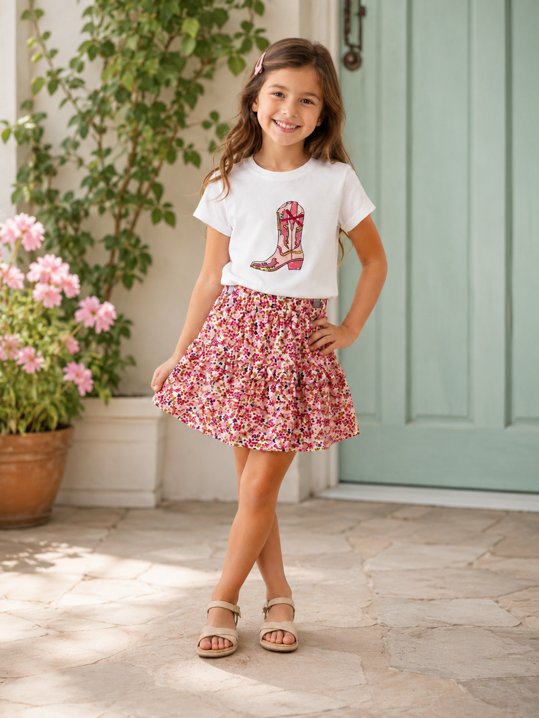 Young girl in a floral skirt and white t-shirt with a cowboy boot design standing on a porch.