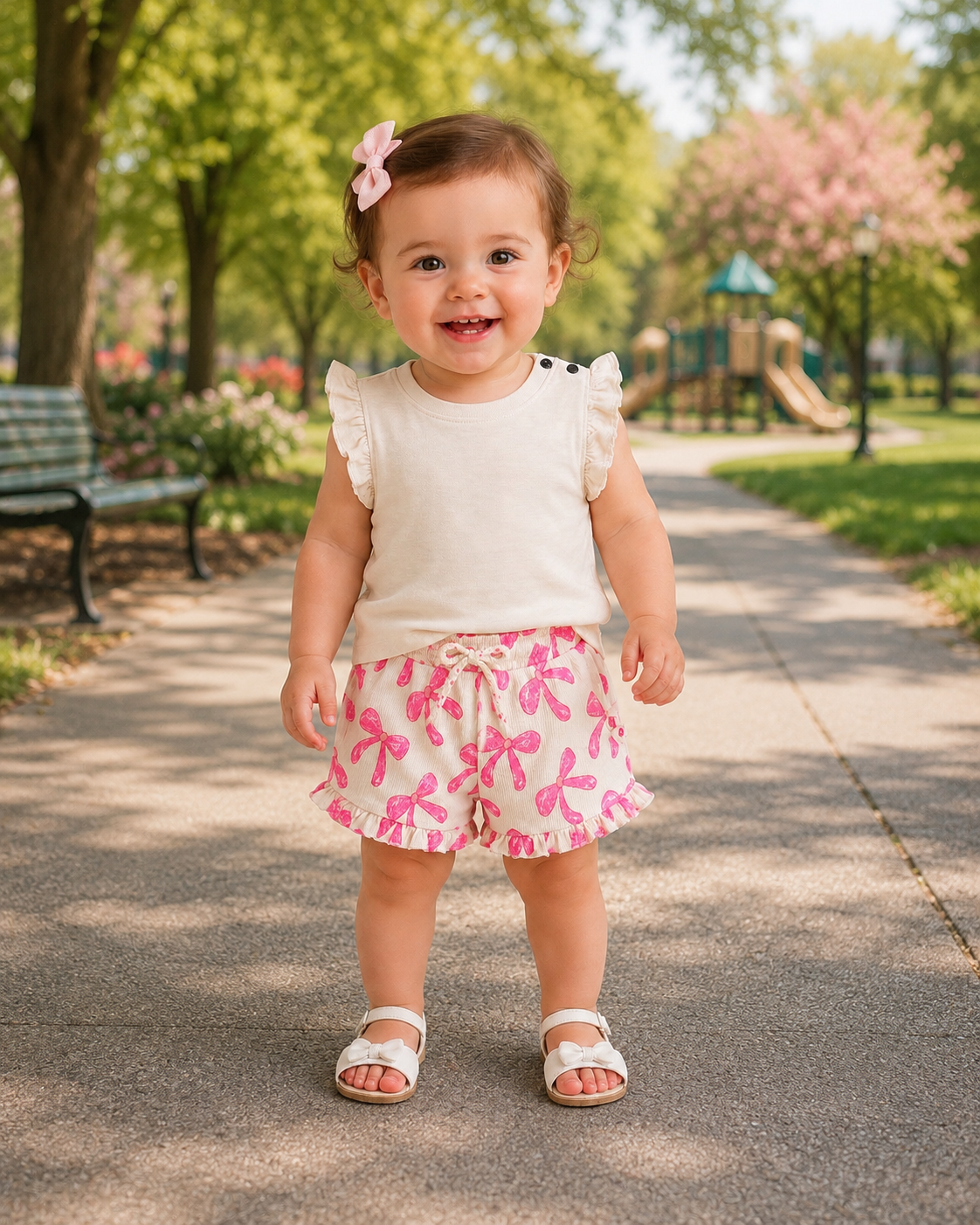 Cream Top w/Bubble Gum Pink Bow Short Set