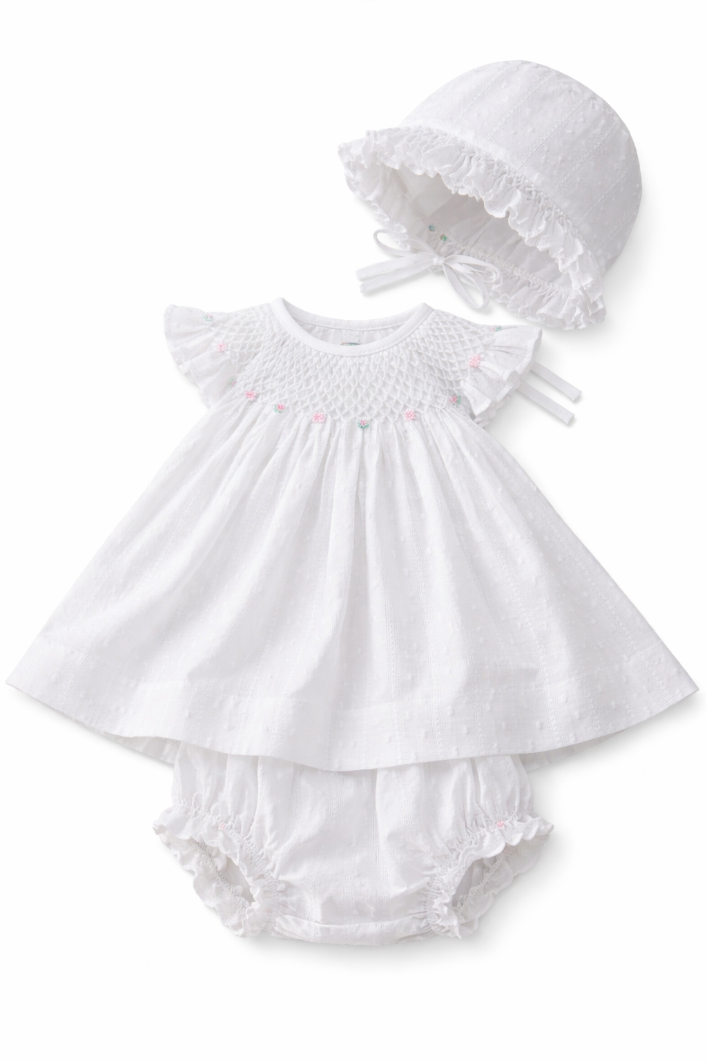 White Swiss Dot Smocked Dress with Bonnet