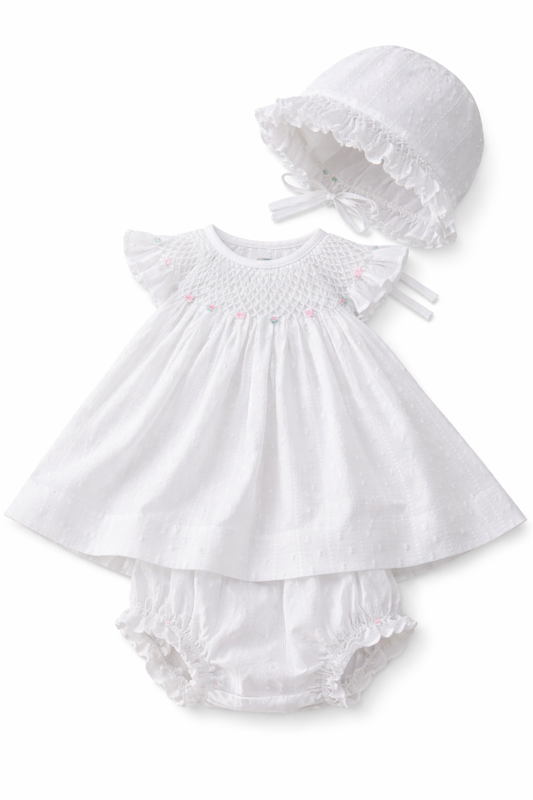 White Swiss Dot Smocked Dress with Bonnet