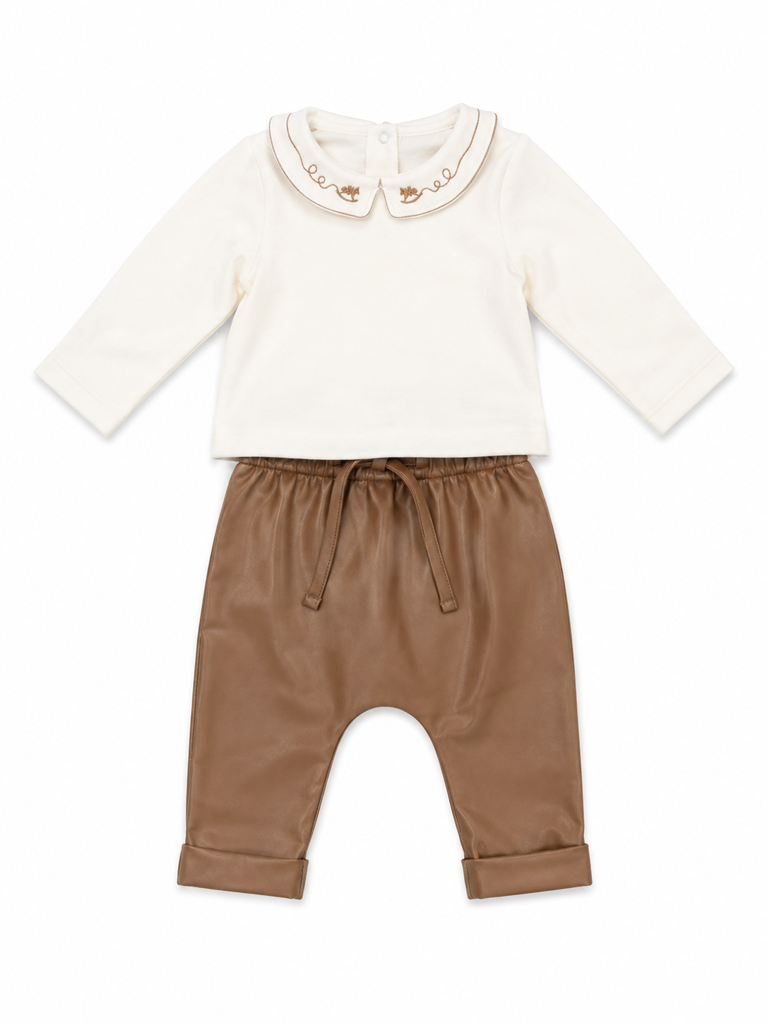 White Bodysuit w/ Brown Pleather Pants