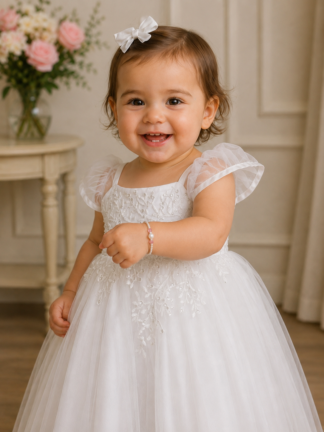 Young girl in a white dress with lace details, standing indoors with a decorative background showing off her single pearl bracelet 