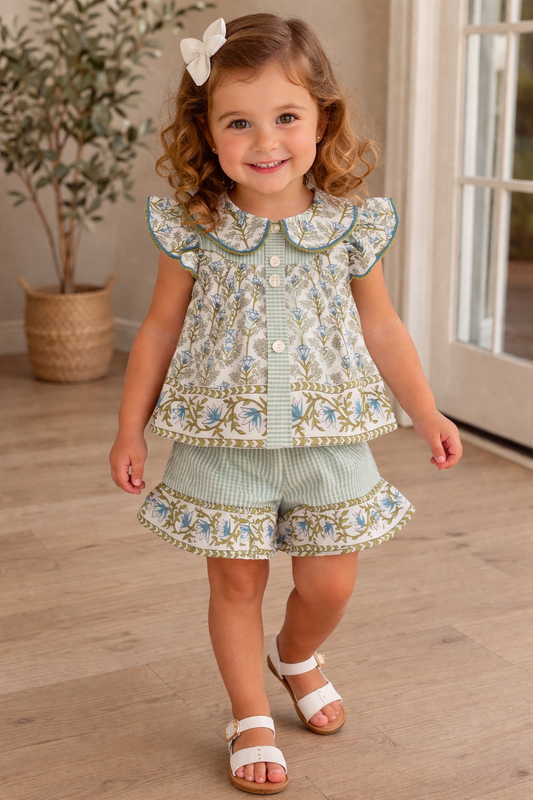 Slate Blue Green Floral Short Set