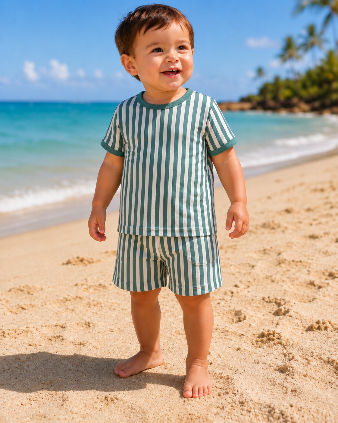 baby boy wearing a green and white striped outfit on a beach with ocean and sky in the background made from organic cotton terry cloth 