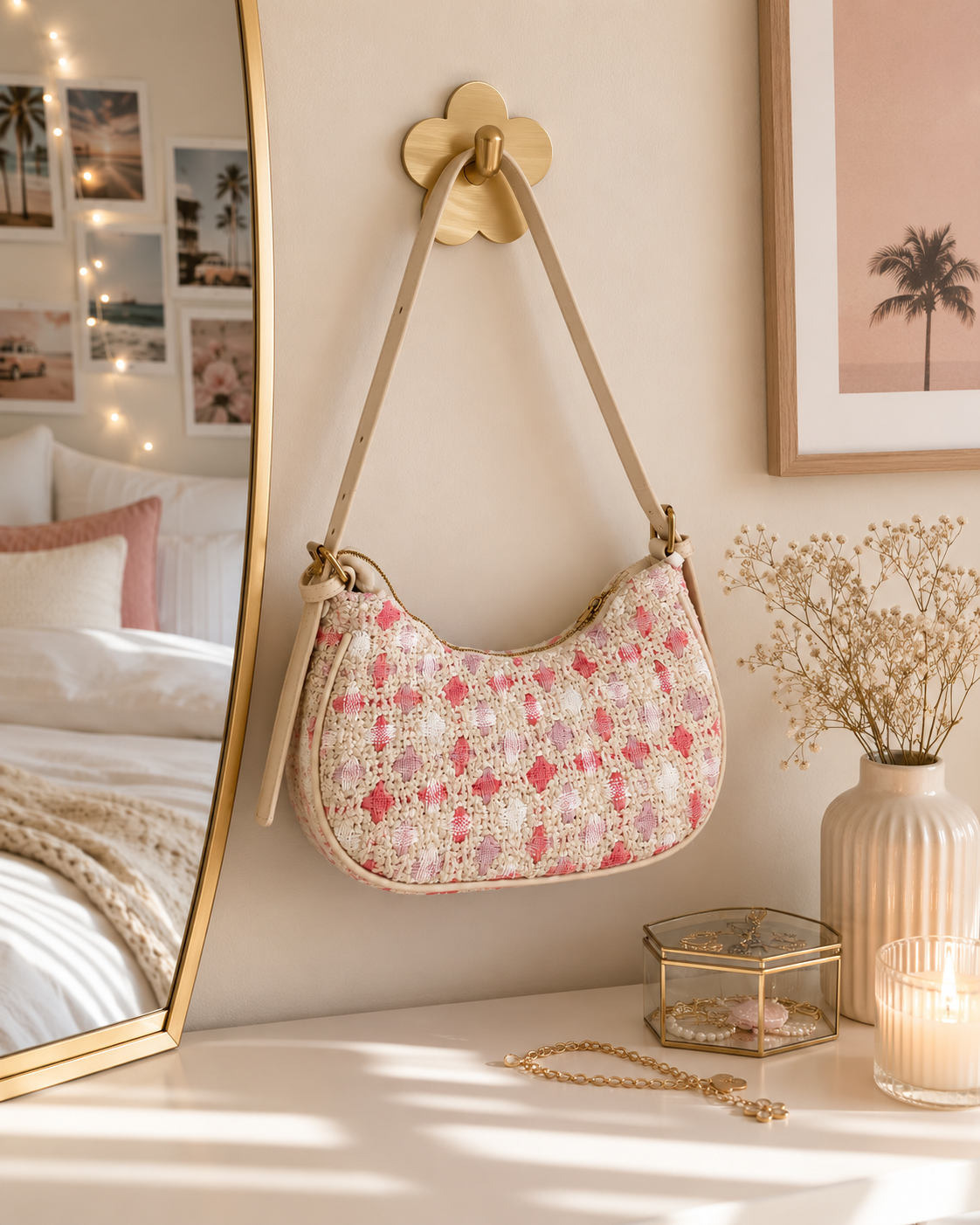 tweed pink and cream patterned handbag on a surface with decorative items in a room.