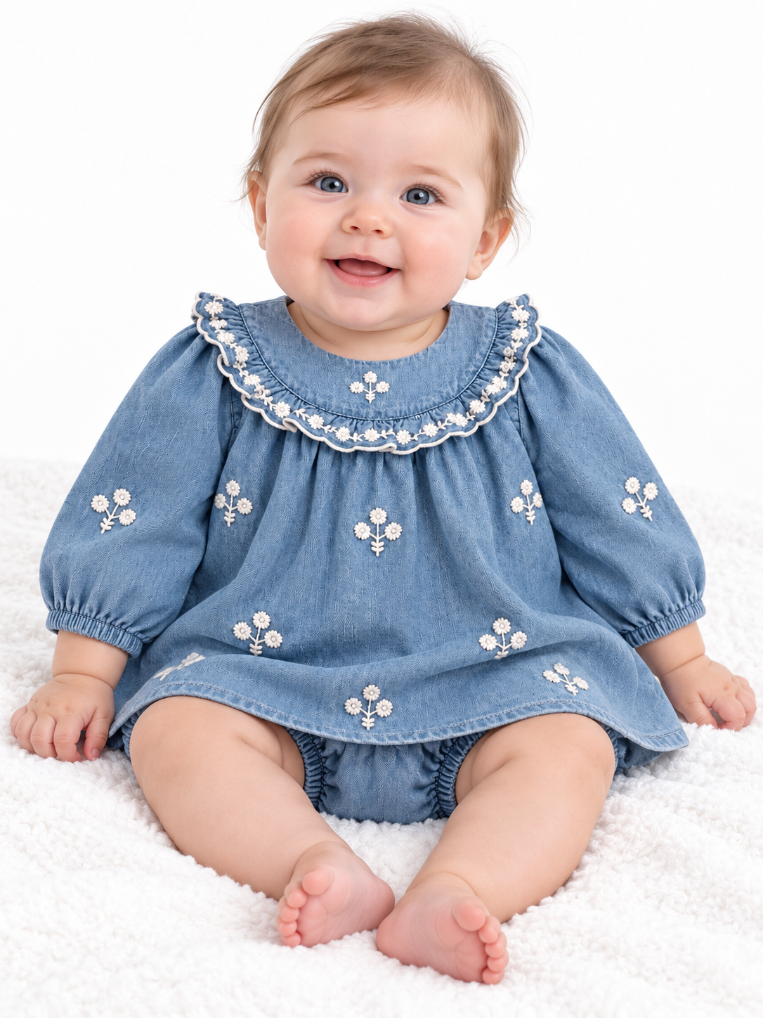 White Embroidery Flowers Denim Dress