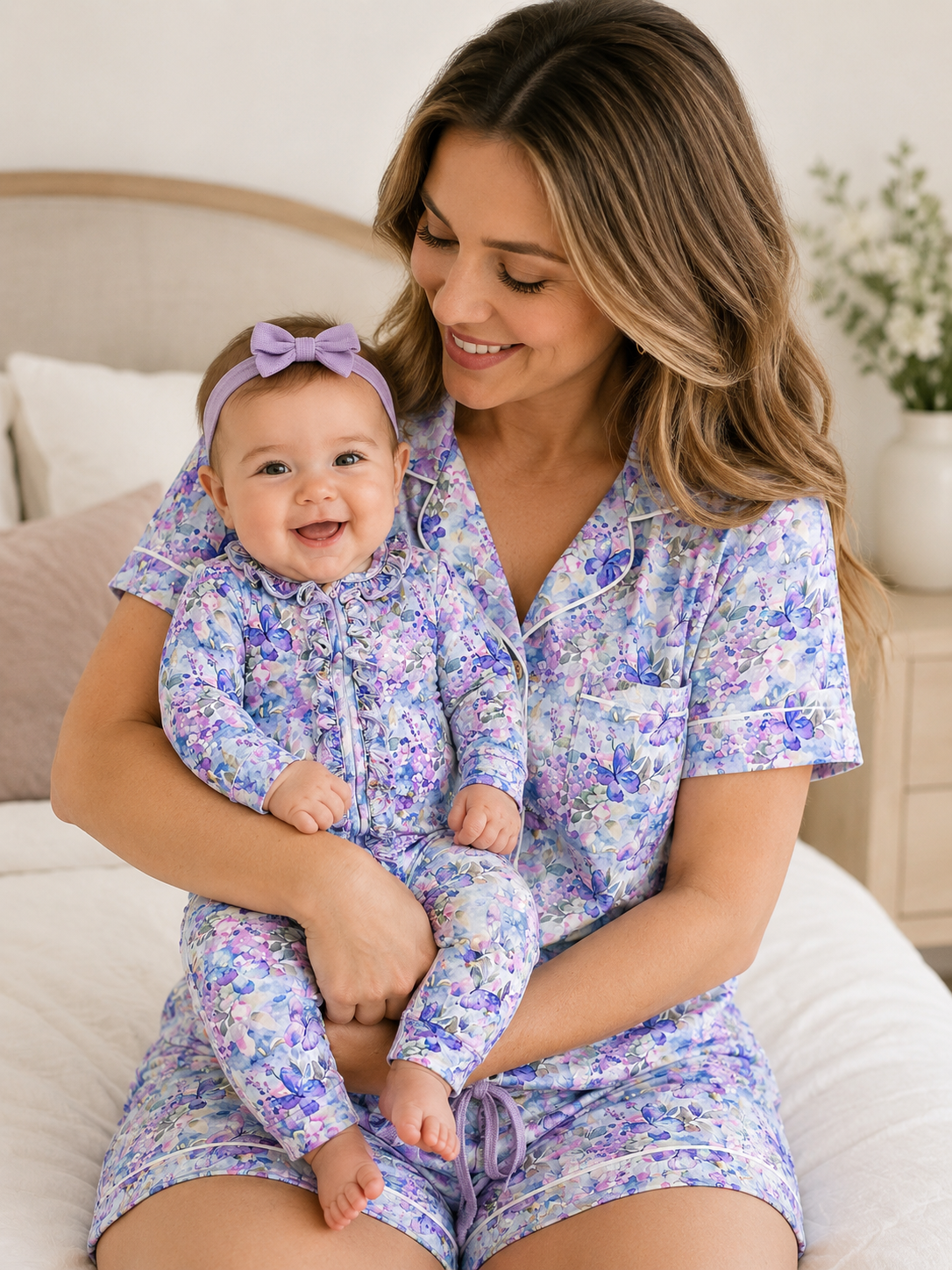Woman and baby in matching purple floral outfits sitting on a bed.