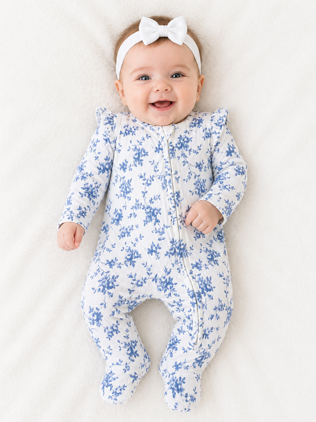 Baby Blue Vines Floral Ruffle Zipper Footie