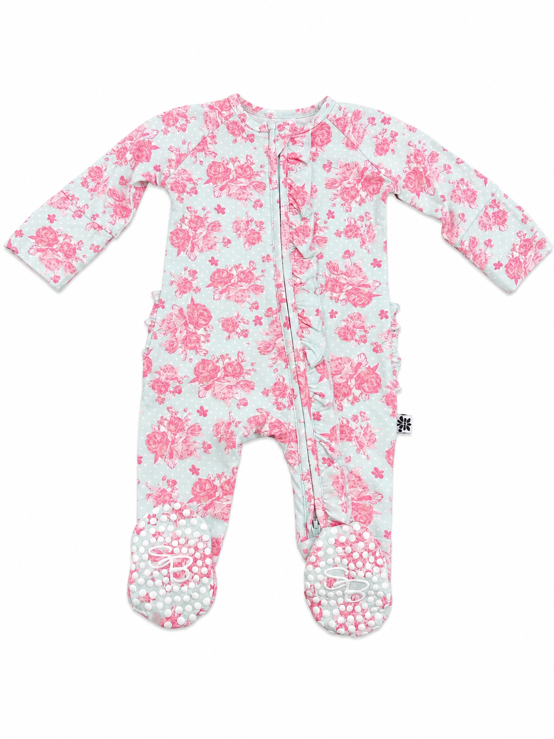 baby girl pink floral zipper ruffle footie bamboo fabric 
