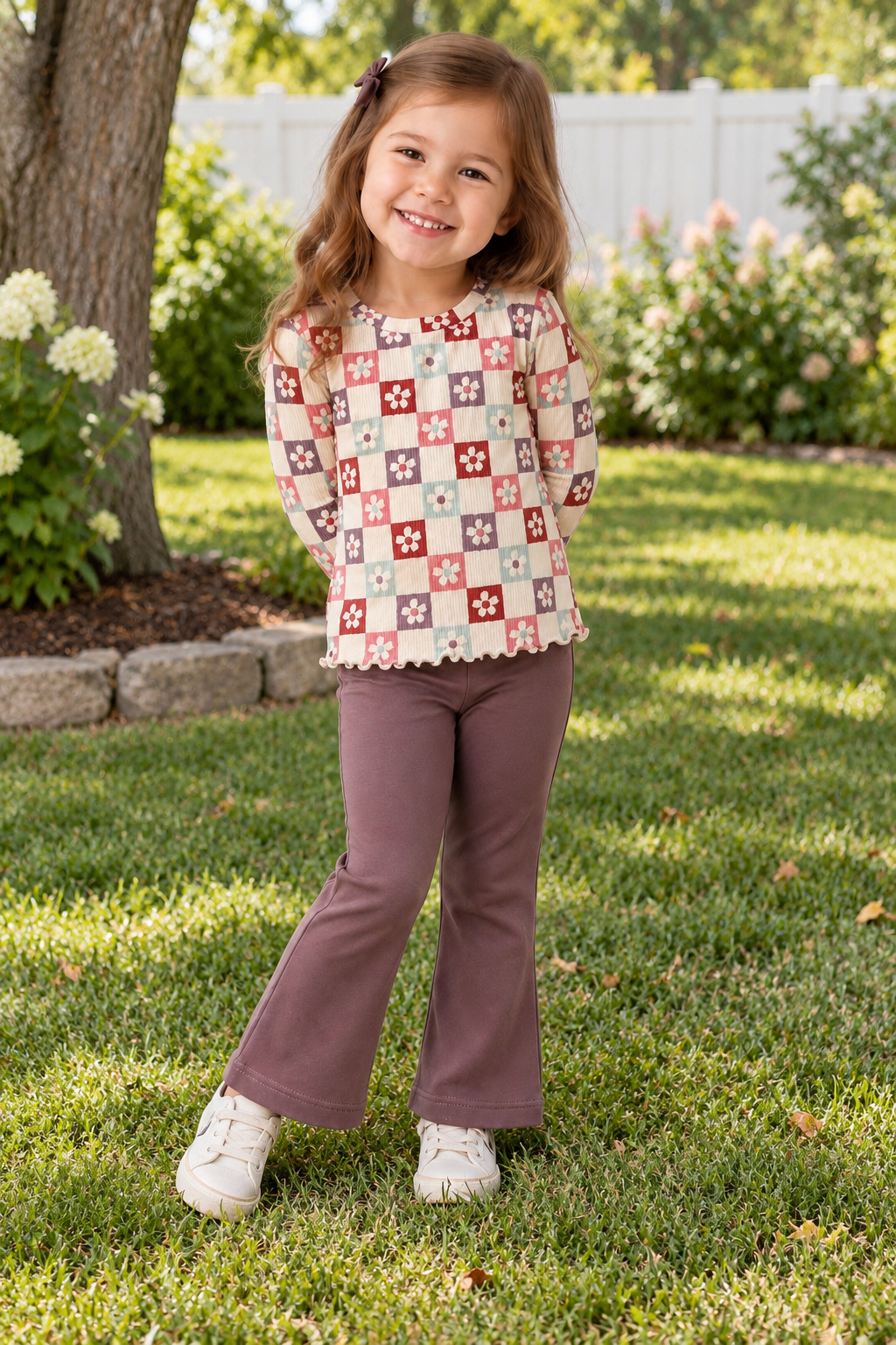Girls Ribbed Daisy Checkered Lettuce Hem Tee