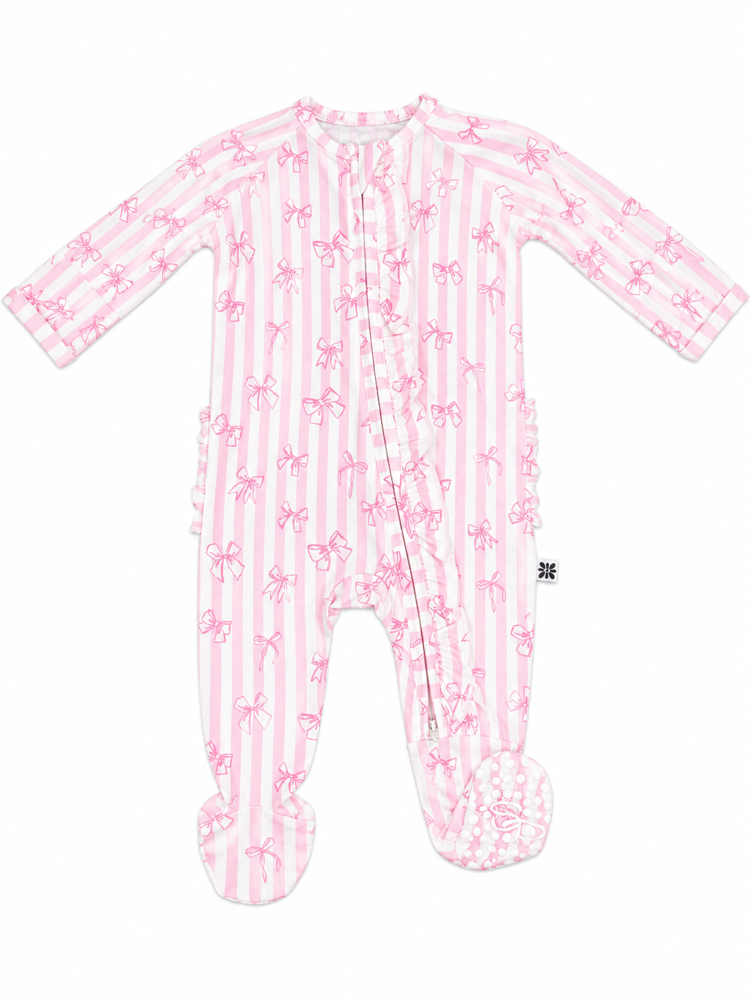 Pink tie the knot ruffle footie zipper soft bamboo fabric